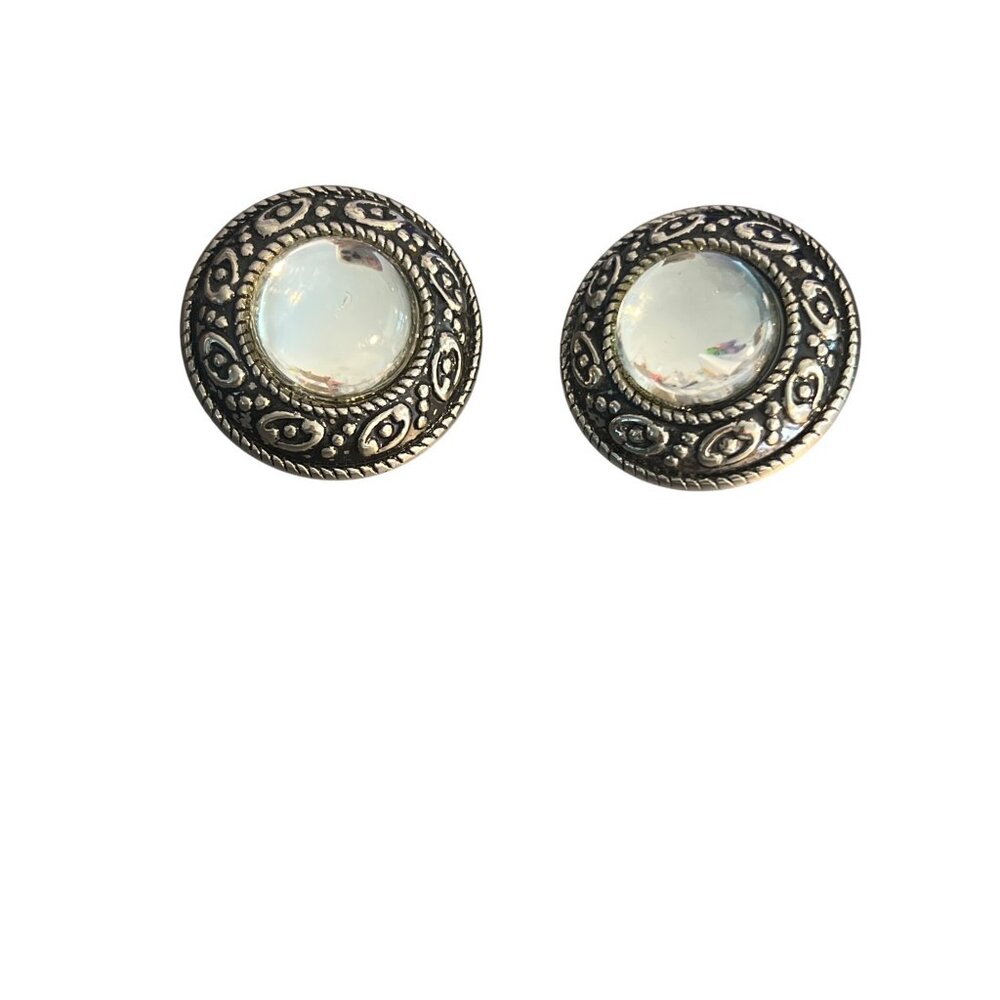 Vintage Large Silver Tone Clip On Earrings Clear Cabochon 1.75"  23.38g Estate